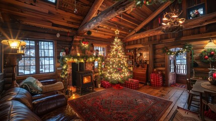 Cozy Winter Retreat: Rustic Cabin Decorated for Christmas with Twinkling Lights and Garland