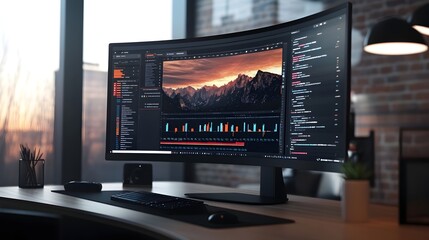 Cutting Edge Website Design on Curved Monitor with Sleek UI Elements