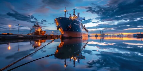 Obraz premium Cargo Ship Moored at a Dock with Colorful Sunset Reflections