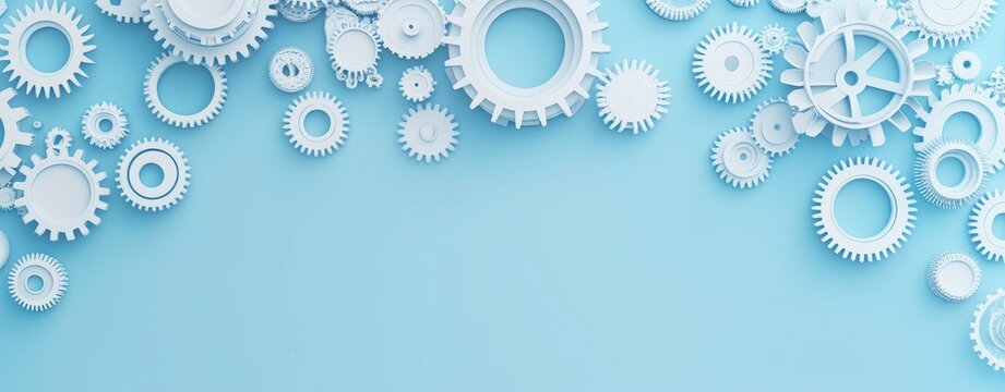 Abstract image of white gears on a blue background, symbolizing teamwork, collaboration, interconnectedness, machinery, and progress.