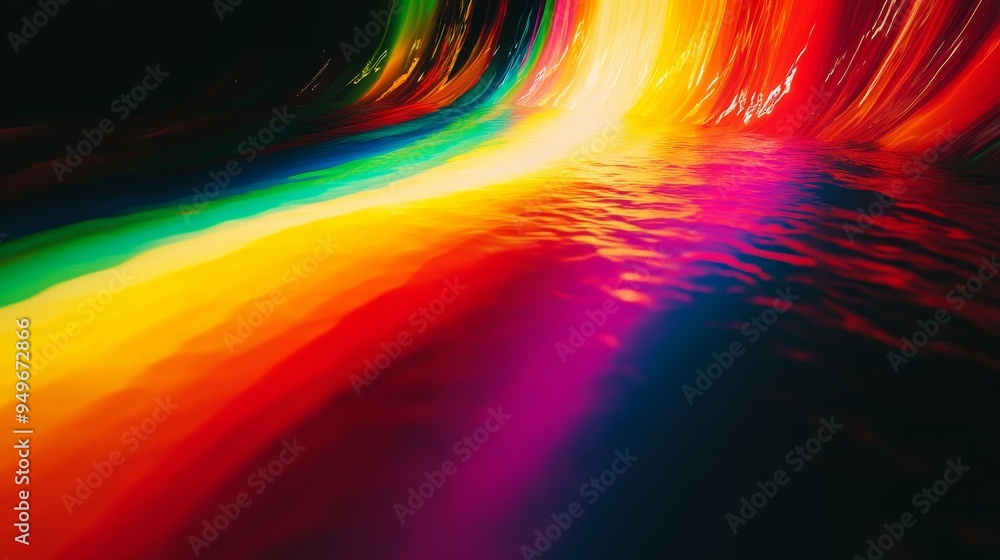 Poster an abstract background with a vibrant rainbow arc curving across a dark background. the rainbow colo