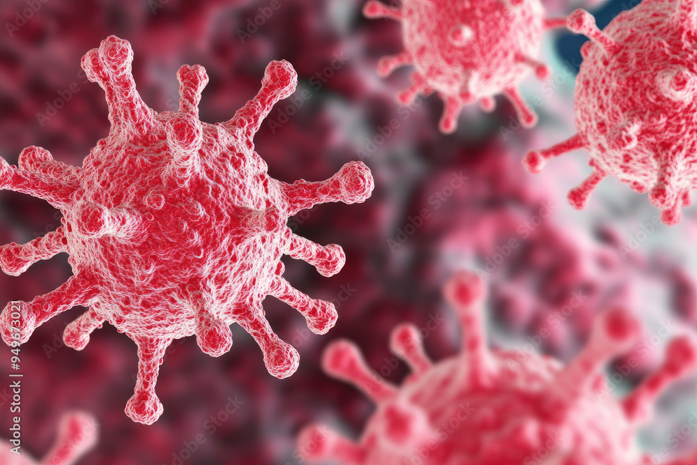 Poster microscopic visualization of viral particles, showcasing intricate details of their structure, repre