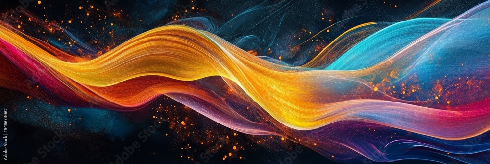 Poster an abstract digital artwork featuring a colorful wave with flowing lines and a textured background, 