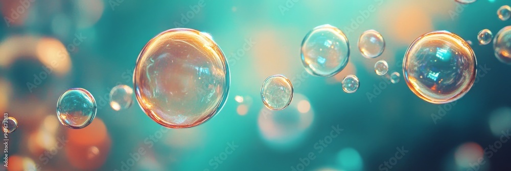 Poster an abstract image showcasing a cluster of iridescent bubbles floating against a soft, teal and orang