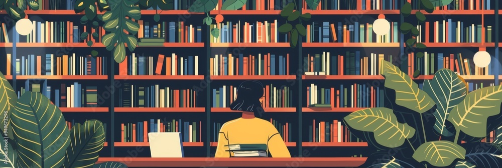 Poster an illustration depicting a woman engrossed in reading, seated at a desk with a stack of books. the 