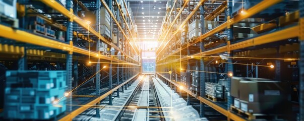 Obraz premium High-tech warehouse with automated conveyor systems.