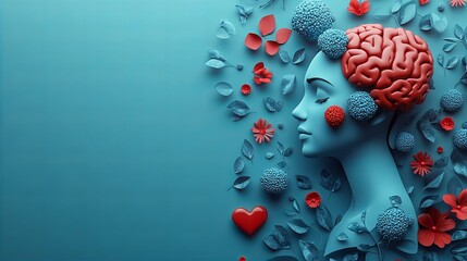 Illustrative woman brain representing strokes arranged against a health-themed blue background, symbolizing World Stroke Day Copy space