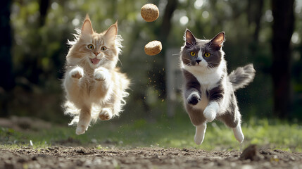 The medical treat is tossed in the air as a dog and cat leap to catch it, showcasing the fun and playful side of wellness