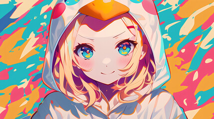 Naklejka premium cute chicken character wearing anime onesie costume, anime style, cute kawaii, simple, smiling happy. neon psychedelic background