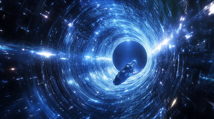 Obraz premium Spaceship navigating a wormhole in curved spacetime.