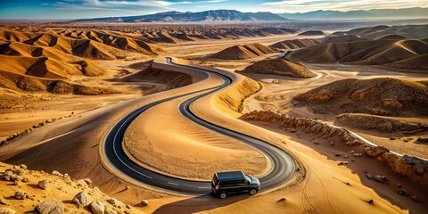 Breathtaking aerial shot of sleek black van traversing endless sand dunes and snake-like roads in majestic Moroccan desert landscape