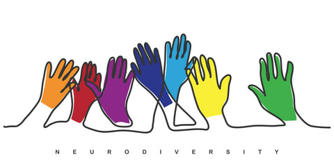 continuous hand drawn line art vector of different hands painted in different colors symbolizing neurodiversity. Acceptance and recognition of different shades of life.