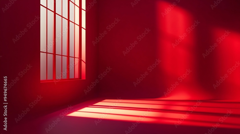 Poster Abstract red studio background for product presentation Backdrop with shadows of window for display product : Generative AI