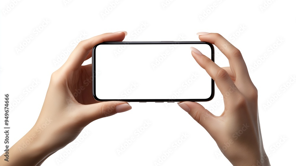 Poster Hand using smartphone with blank screen isolated on white background : Generative AI