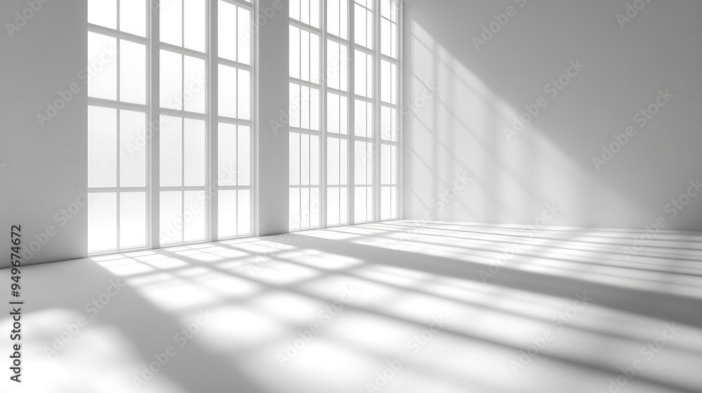 Poster abstract white studio background for product presentation with window shadows and sunlight blurred b