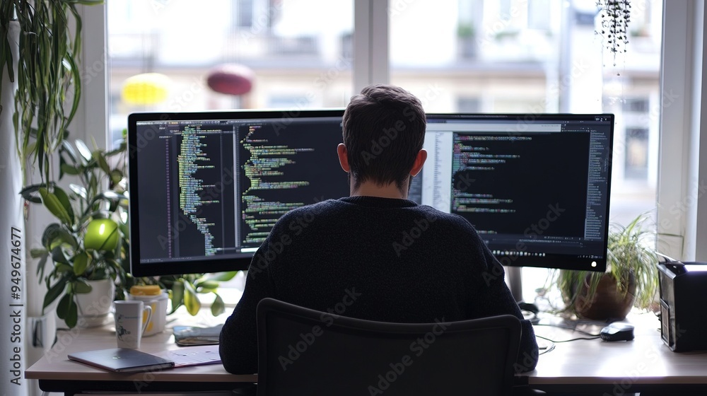 Poster a developer coding insurance software in a high-tech office environment.