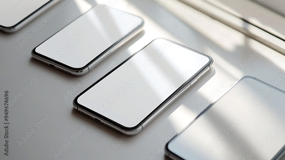 Poster flat rays collection of smartphone mockup blank screen isolated with clipping path on white background : Generative AI