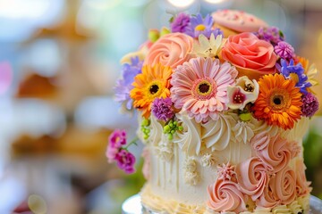 Vibrant Floral Cake Design with Intricate Icing on Pedestal for Celebration and Bakery Decoration