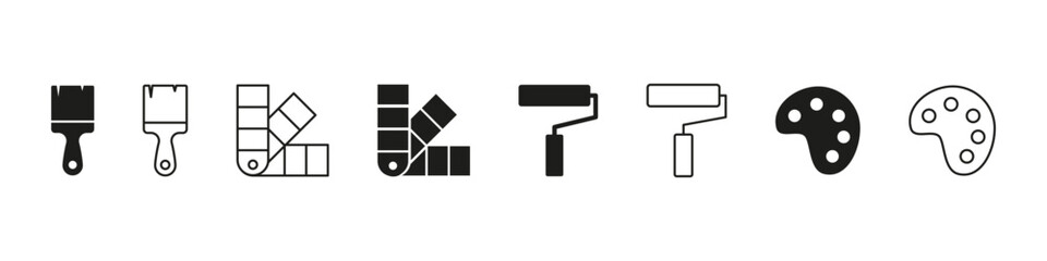 Paint icon. Color palette. Painting vector set. Isolated brush roller icon. Paint tools in line design.