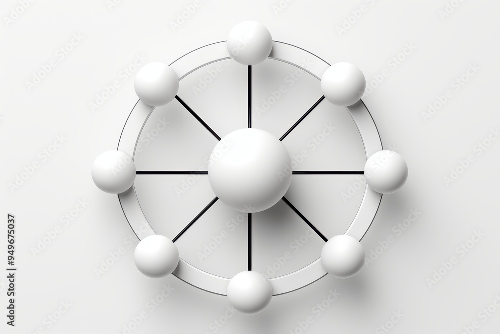 Poster white sphere network: abstract minimalist design of interconnected spheres, symbolizing a network, c