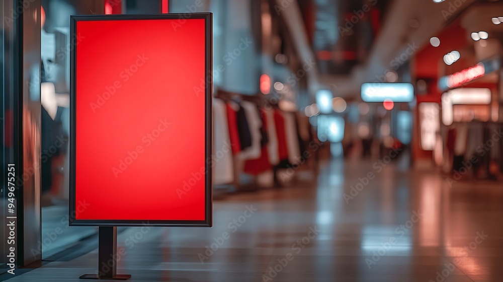 Poster red blank sign inside shopping mall mock up advertise display frame setting over the clothes line in the shopping department store for shopping business fashion and advertisement conce : Generative AI