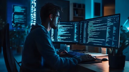 The developer uses a modern code editor with a dark theme showcasing efficient web development