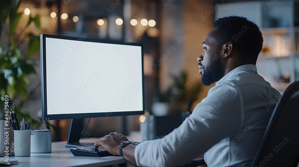 Poster unrecognizable black businessman using computer with empty blank screen sitting at workplace in offi