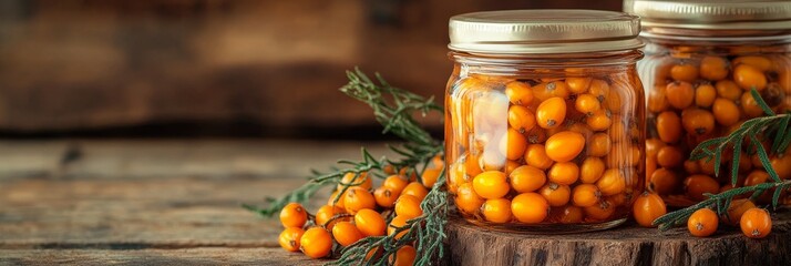 Two glass jars filled with sea buckthorn extract, set against a rustic wooden background. Green branches with orange berries create a natural and inviting setting, symbolizing freshness, health, and n