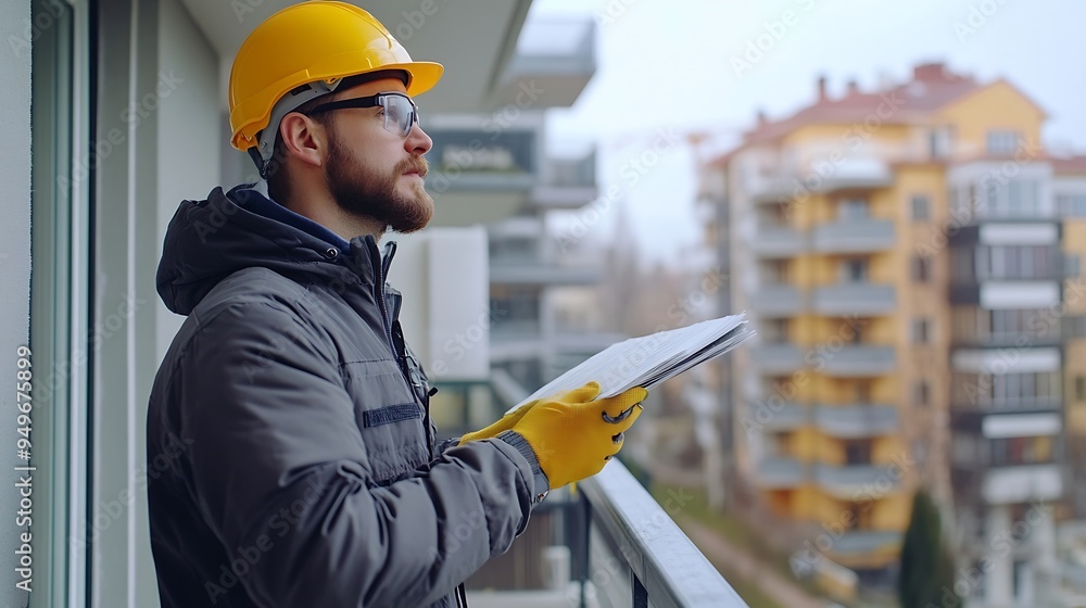 Aufkleber Home inspection consultancy Inspector checking material of balcony and looking for fracture : Generative AI