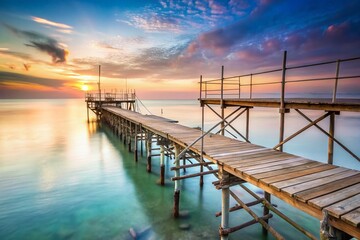 Naklejka premium Coastal pier scaffolding, worn wooden planks, serene ocean views, soft pastel colors, peaceful and calming concept