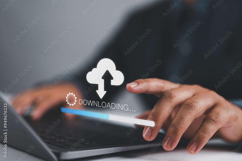 Poster Download processing data concept. Person use laptop with virtual screen of downloading bar for download files. Downloading data from cloud storage.
