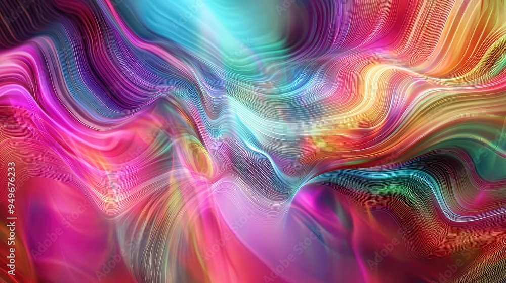 Poster abstract digital image with harmonic interference patterns in vibrant colors and flowing lines, illu