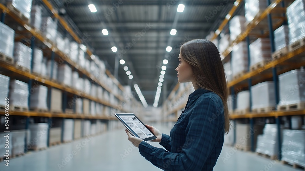 Poster industry 40 modern warehouse female engineer in empty warehouse uses digital tablet computer with au