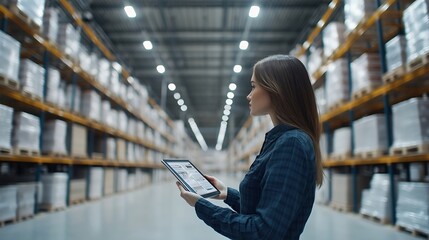 Industry 40 Modern Warehouse Female Engineer in Empty Warehouse Uses Digital Tablet Computer with Augmented Reality Software for Future Factory or Warehouse Layout Concept Shot of Augm : Generative AI