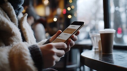 CU Man is using his smartphone in the cafe Online banking card wallet loyalty application blank screen phone mockup : Generative AI