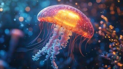 Ethereal Jellyfish Glowing in Candy Sea, Vibrant Underwater Scene of Bioluminescent Aquatic Creature