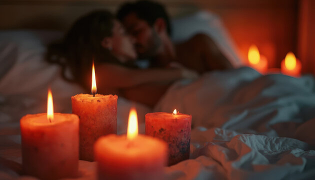 bougie d'ambiance dans une chambre avec couple amoureux dans un lit 