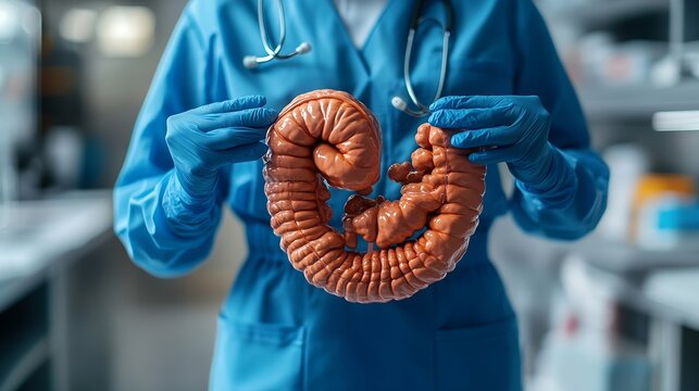 Doctor with human Colon anatomy model Colonic disease Large Intestine Colorectal cancer Ulcerative colitis Diverticulitis Irritable bowel syndrome Digestive system and Health concept : Generative AI
