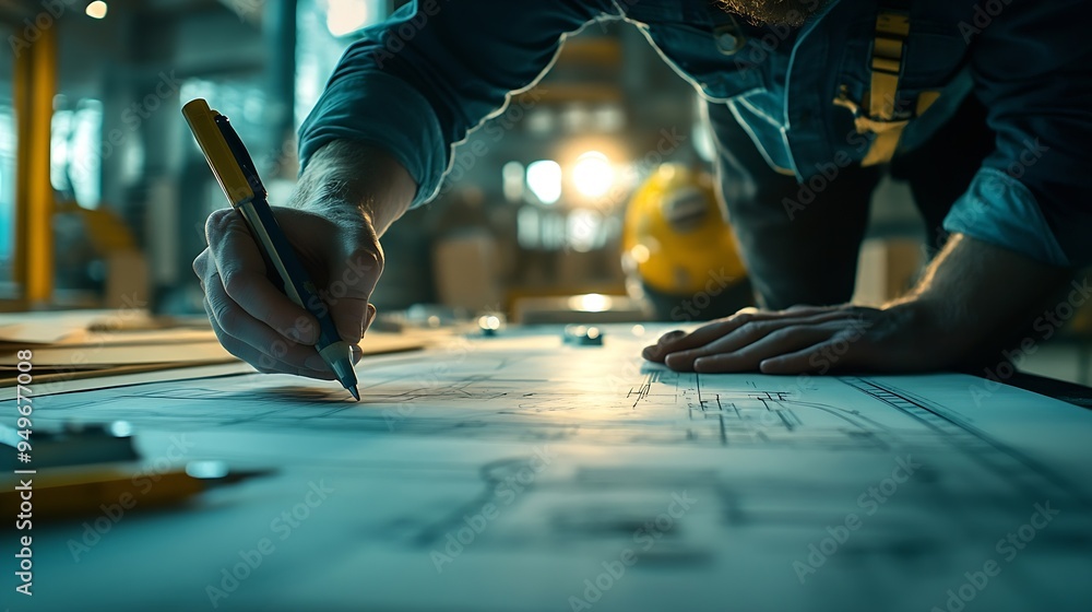 Poster engineers work on construction drawings and safety systemsbuilding construction puts safety first : 