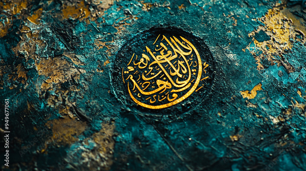 Wall mural Intricate golden Arabic calligraphy on textured turquoise background, creating a striking artistic representation of tradition and culture