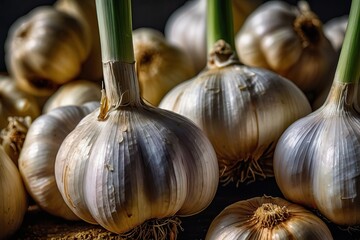 A highly details of garlic, hight contrast in the afternoon