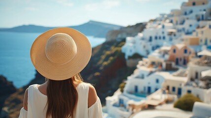 Fototapeta premium A woman with sunhat looks at the beautiful village of Oia Santorini island Greece during summer travel time : Generative AI