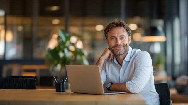 homme souriant dans un bureau en train de travailler assis devant son ordinateur