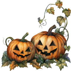 Two Halloween Pumpkins with Witch Hat, Isolated on Transparent Background, Spooky Theme