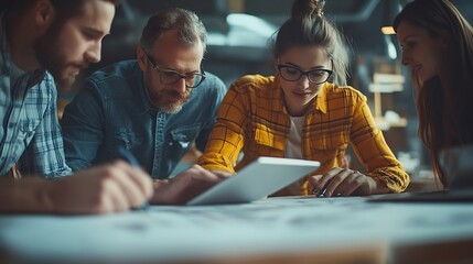 Diverse group of civil engineer and client working together on architectural project reviewing construction plan and building blueprint using tablet at meeting table Prudent : Generative AI