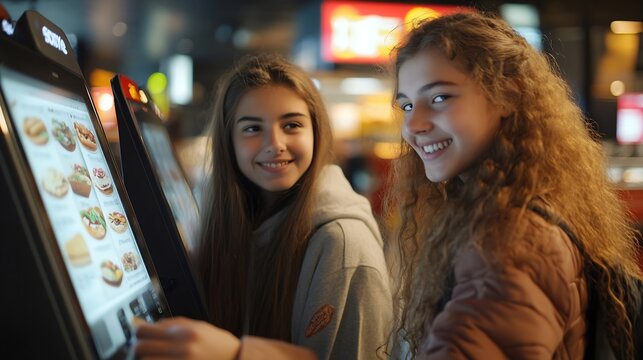 Two girl friends orders food and lunch at a fast food restaurant using a selfservice kiosk or a terminal with a screen Modern commerce equipment : Generative AI