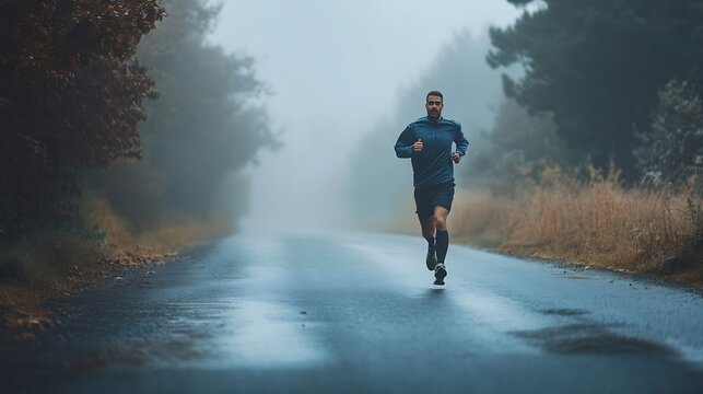 Man running on an empty road on the foggy morning with copy space : Generative AI