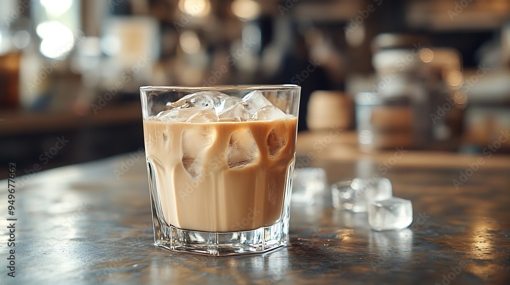 Poster iced coffee with ice cubes in a glass on the table : generative ai