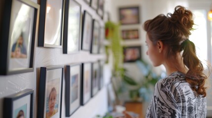 Housewife Arranging Family Photos on Wall - Creating a Bright, Personal Gallery of Memories