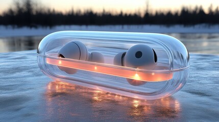 Wireless Earbuds in a Transparent Case on Ice